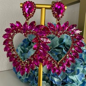 Fabulous Hot Pink Heart Shaped Crystal Drop Earrings